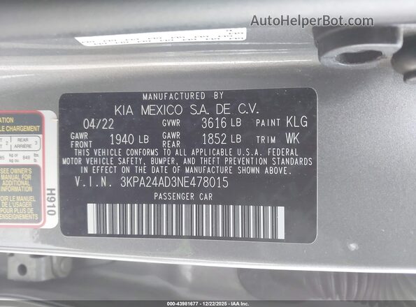 3KPA24AD3NE478015 2022 KIA RIO Gray ძრავის განყოფილების ხედი