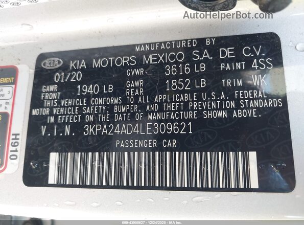 3KPA24AD4LE309621 2020 KIA RIO Gray Вид підкапотного простору