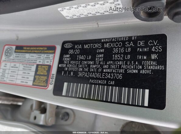 3KPA24AD6LE343706 2020 KIA RIO Серебряный Вид подкапотного пространства