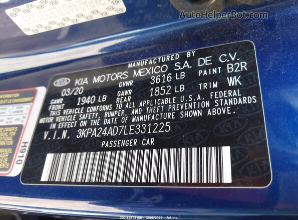 3KPA24AD7LE331225 2020 KIA RIO Blue Widok komory silnika