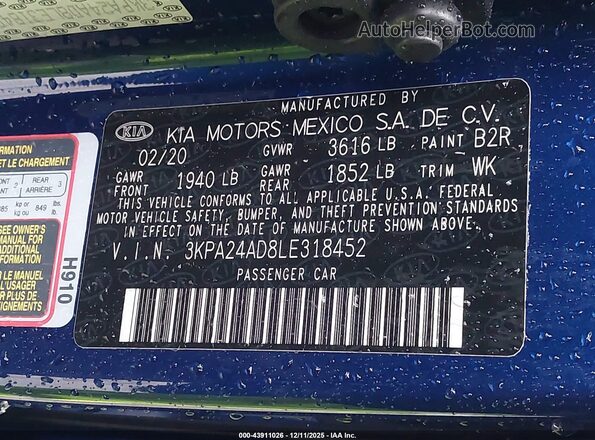3KPA24AD8LE318452 2020 KIA RIO Blue Vista del compartimento del motor