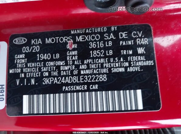 3KPA24AD8LE322288 2020 KIA RIO Red Widok komory silnika