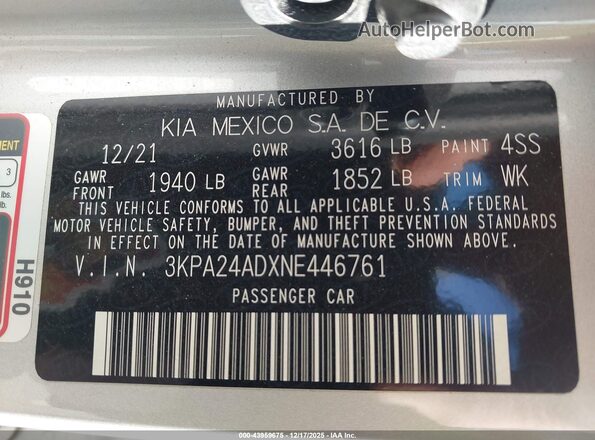 3KPA24ADXNE446761 2022 KIA RIO Silver Вид підкапотного простору