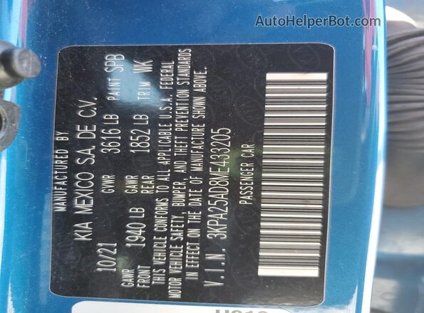 3KPA25AD8ME433205 2021 KIA RIO Blue Widok komory silnika