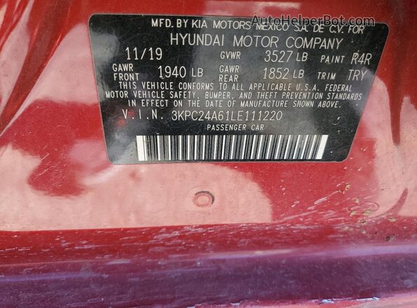 3KPC24A61LE111220 2020 HYUNDAI ACCENT Red ძრავის განყოფილების ხედი