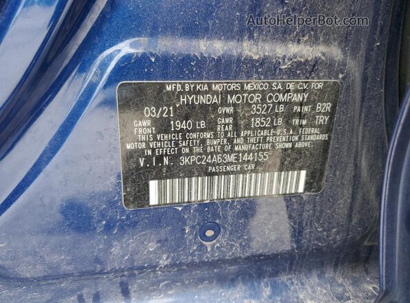 3KPC24A63ME144155 2021 HYUNDAI ACCENT Blue Вид підкапотного простору