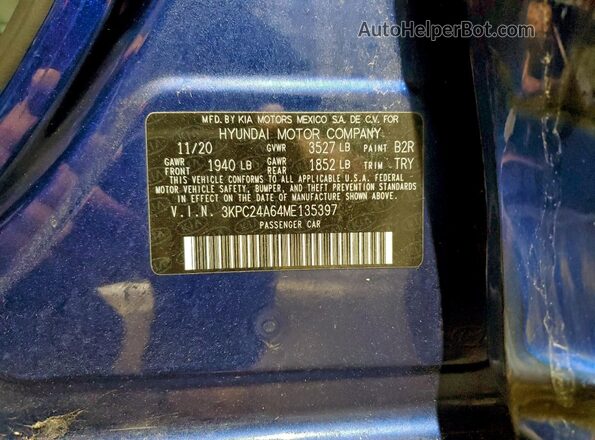 3KPC24A64ME135397 2021 HYUNDAI ACCENT Blue Vista del compartimento del motor
