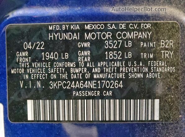 3KPC24A64NE170264 2022 HYUNDAI ACCENT Синий Вид наклейки с VIN-кодом
