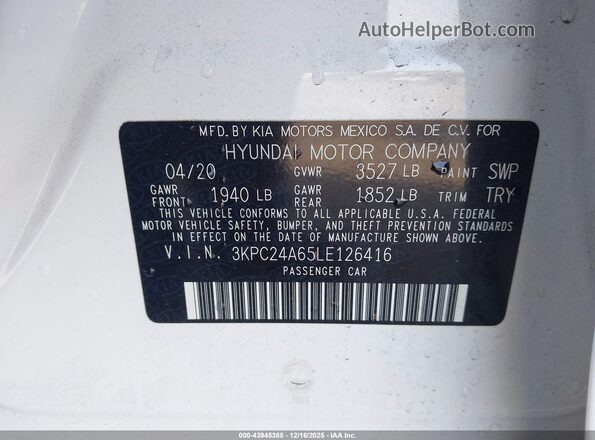 3KPC24A65LE126416 2020 HYUNDAI ACCENT Белый Вид подкапотного пространства