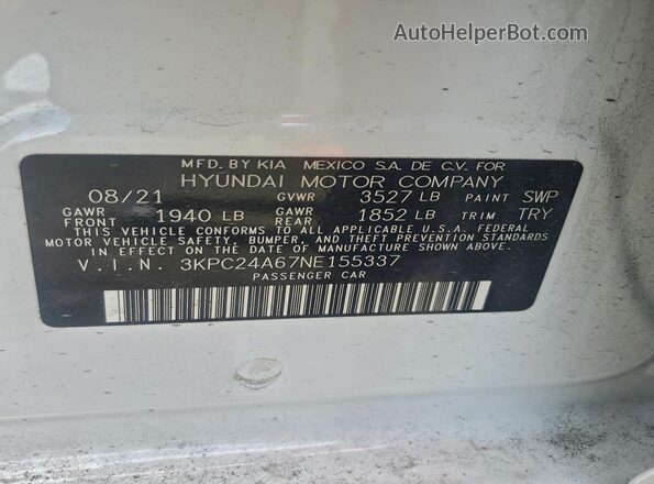 3KPC24A67NE155337 2022 HYUNDAI ACCENT White Vista del compartimento del motor