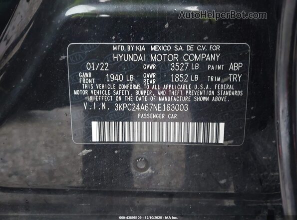 3KPC24A67NE163003 2022 HYUNDAI ACCENT Black Շարժիչի բաժամունքի տեսք