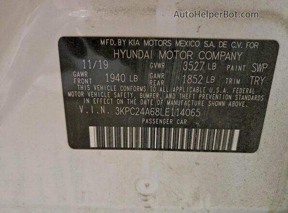 3KPC24A68LE114065 2020 HYUNDAI ACCENT White Vista del compartimento del motor