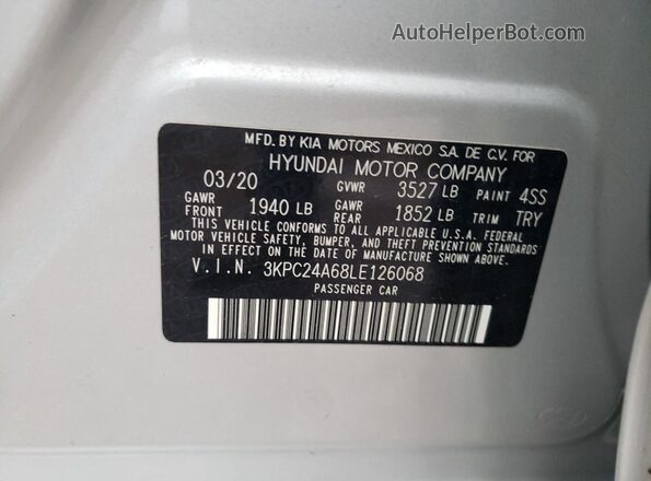 3KPC24A68LE126068 2020 HYUNDAI ACCENT Silver ძრავის განყოფილების ხედი