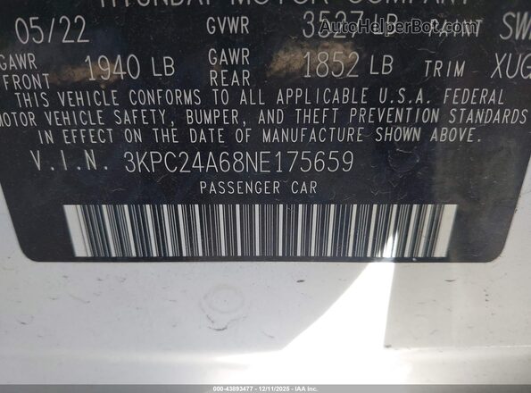 3KPC24A68NE175659 2022 HYUNDAI ACCENT Белый Вид подкапотного пространства