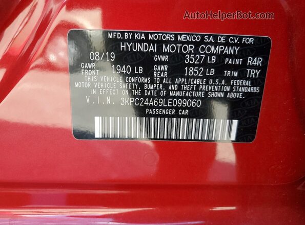 3KPC24A69LE099060 2020 HYUNDAI ACCENT Red Vista del compartimento del motor