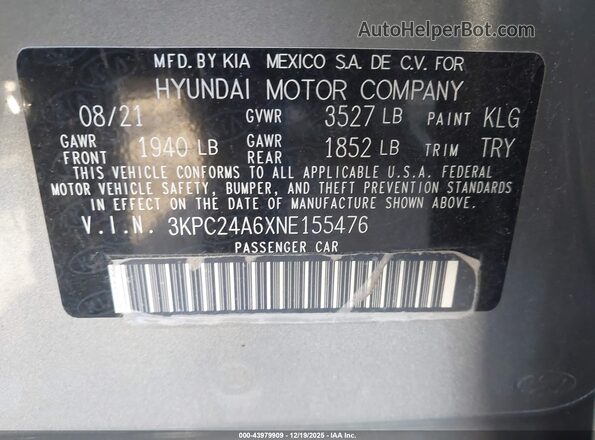 3KPC24A6XNE155476 2022 HYUNDAI ACCENT Серебряный Вид подкапотного пространства