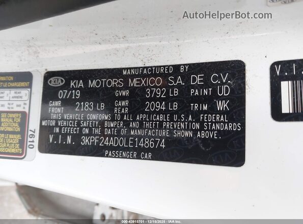 3KPF24AD0LE148674 2020 KIA FORTE Белый 