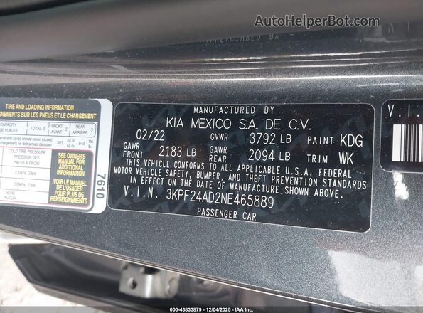 3KPF24AD2NE465889 2022 KIA FORTE Gray Vista del compartimento del motor