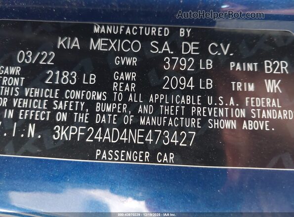 3KPF24AD4NE473427 2022 KIA FORTE Blue Вид підкапотного простору