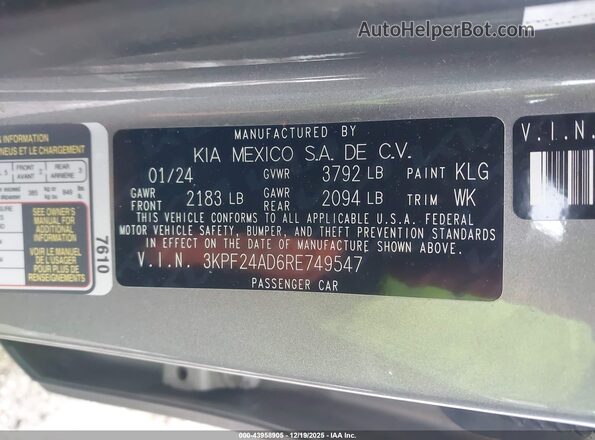 3KPF24AD6RE749547 2024 KIA FORTE Gray Engine compartment view