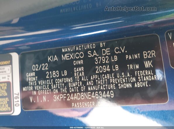 3KPF24AD8NE463449 2022 KIA FORTE Blue Vista del compartimento del motor