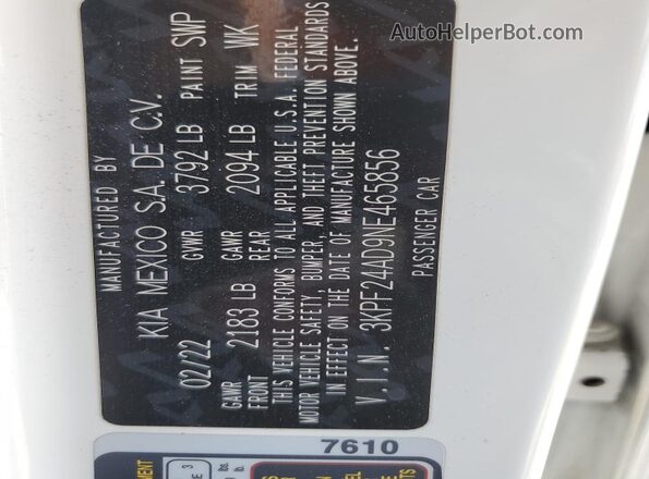 3KPF24AD9NE465856 2022 KIA FORTE White Widok naklejki z numerem VIN
