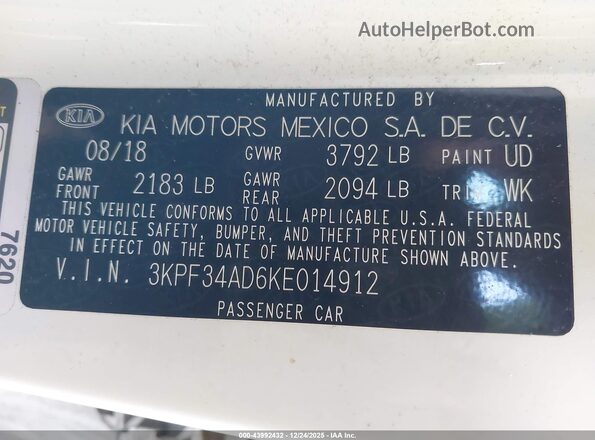 3KPF34AD6KE014912 2019 KIA FORTE Белый Вид подкапотного пространства
