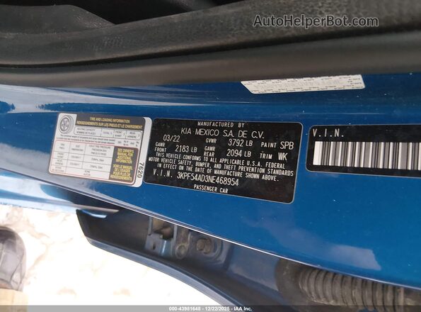 3KPF54AD3NE468954 2022 KIA FORTE Blue Vista del compartimento del motor