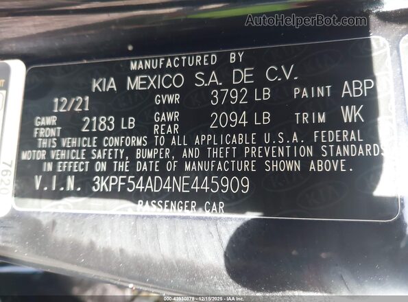 3KPF54AD4NE445909 2022 KIA FORTE Черный Вид подкапотного пространства