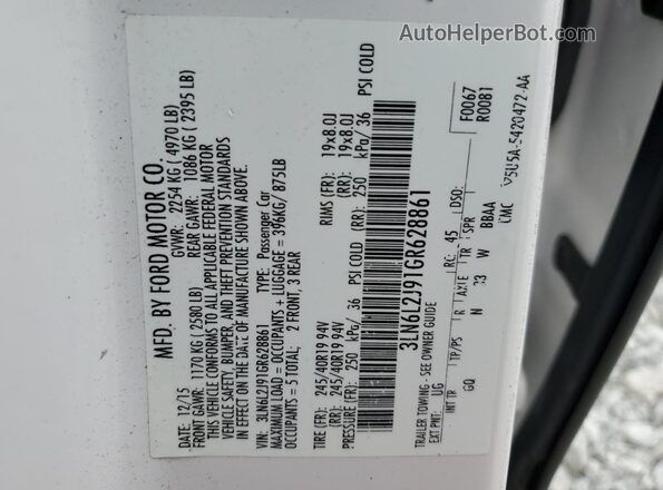 3LN6L2J91GR628861 2016 LINCOLN MKZ White Вид підкапотного простору