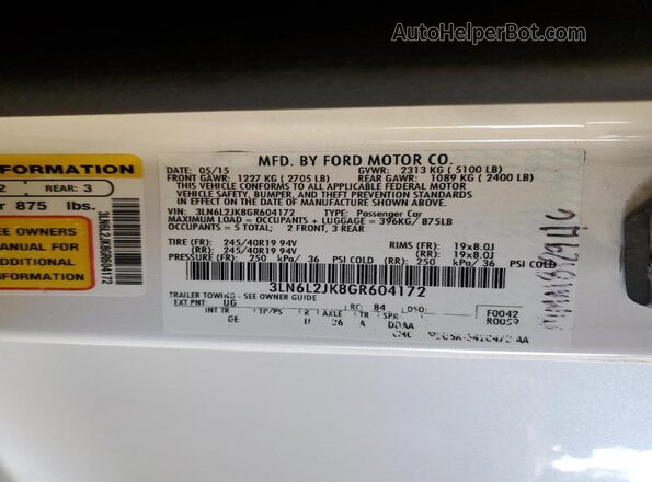 3LN6L2JK8GR604172 2016 LINCOLN MKZ White Vista del compartimento del motor