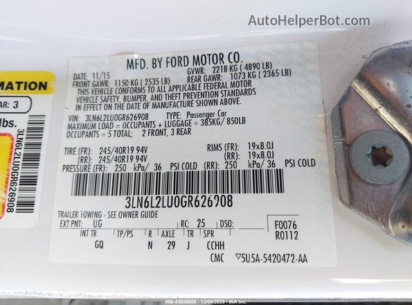 3LN6L2LU0GR626908 2016 LINCOLN MKZ HYBRID White Engine compartment view