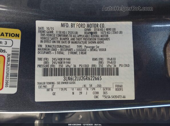 3LN6L2LU2GR622665 2016 LINCOLN MKZ HYBRID Gray ძრავის განყოფილების ხედი