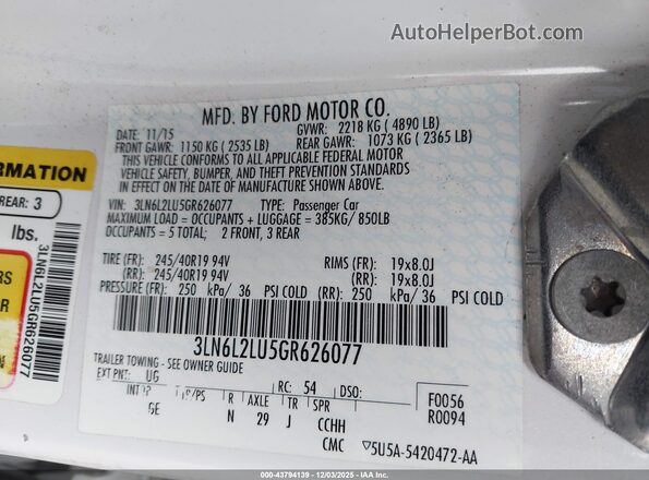 3LN6L2LU5GR626077 2016 LINCOLN MKZ HYBRID White Vista del compartimento del motor