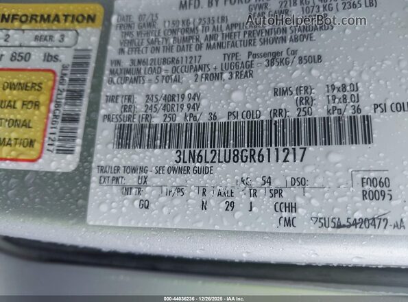 3LN6L2LU8GR611217 2016 LINCOLN MKZ HYBRID Silver ძრავის განყოფილების ხედი