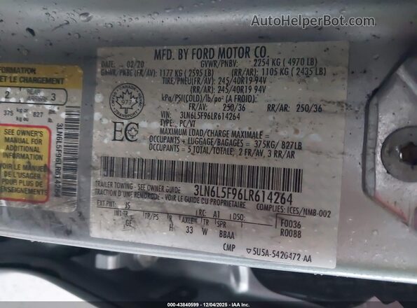 3LN6L5F96LR614264 2020 LINCOLN MKZ Серебряный 
