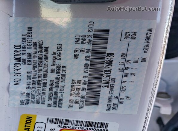 3LN6L5FC8JR608488 2018 LINCOLN MKZ White 