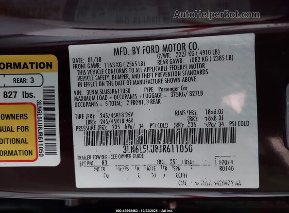 3LN6L5LU8JR611050 2018 LINCOLN MKZ HYBRID Maroon Շարժիչի բաժամունքի տեսք