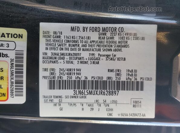 3LN6L5MUXJR628897 2018 LINCOLN MKZ Black Vista de la etiqueta del VIN