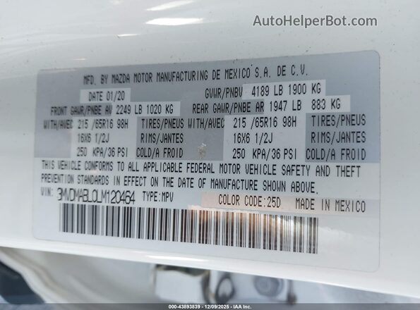3MVDMABL0LM120464 2020 MAZDA CX-30 White 