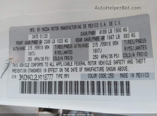 3MVDMACL2LM118777 2020 MAZDA CX-30 White Շարժիչի բաժամունքի տեսք