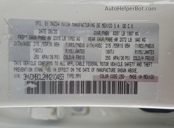 3MVDMBCL2MM210463 2021 MAZDA CX-30 White 360 interior view