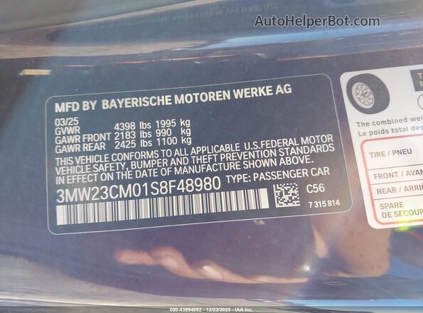 3MW23CM01S8F48980 2025 BMW 2 SERIES Purple ძრავის განყოფილების ხედი