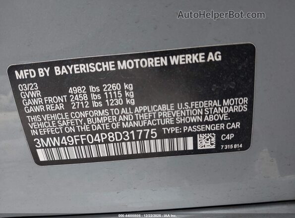 3MW49FF04P8D31775 2023 BMW 3 SERIES Gray ძრავის განყოფილების ხედი