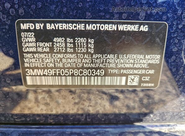 3MW49FF05P8C80349 2023 BMW M3 Blue VIN კოდის სტიკერის ხედი
