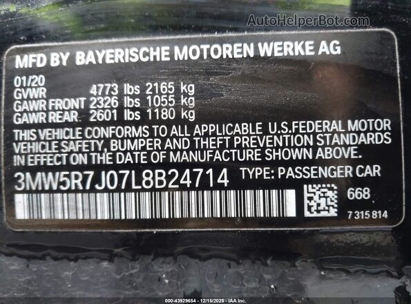 3MW5R7J07L8B24714 2020 BMW 3 SERIES Black ძრავის განყოფილების ხედი
