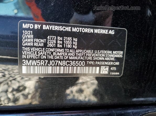 3MW5R7J07N8C36500 2022 BMW 3 SERIES Black Vista de la etiqueta del VIN