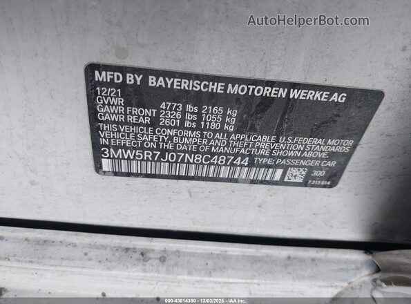 3MW5R7J07N8C48744 2022 BMW 3 SERIES White ძრავის განყოფილების ხედი