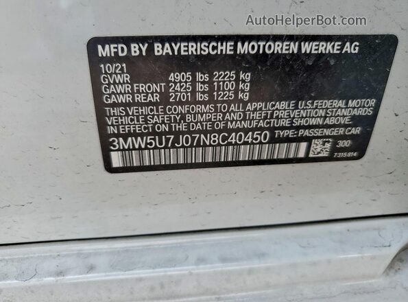 3MW5U7J07N8C40450 2022 BMW M3 White VIN კოდის სტიკერის ხედი