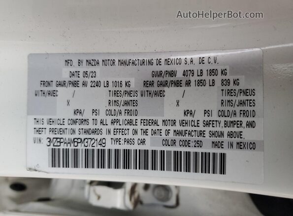 3MZBPAAM6PM372149 2023 MAZDA 3 White Vista de la etiqueta del VIN
